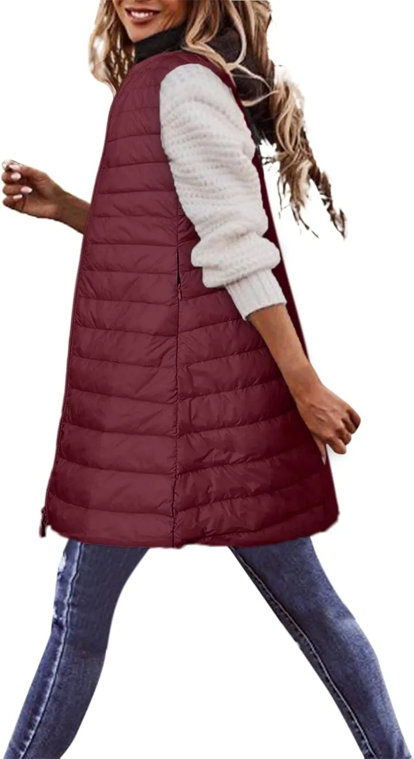 LCMTWX Black Puffer Vest Coat Vest With Hood Sleeveless Warm Down Coat With Pockets Quilted Vest Down Womens Long Puffer