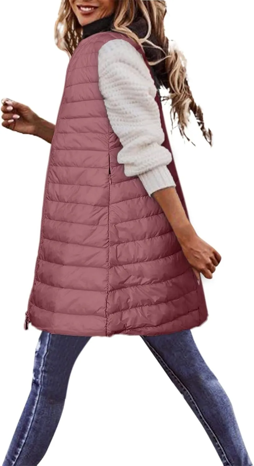 LCMTWX Black Puffer Vest Coat Vest With Hood Sleeveless Warm Down Coat With Pockets Quilted Vest Down Womens Long Puffer