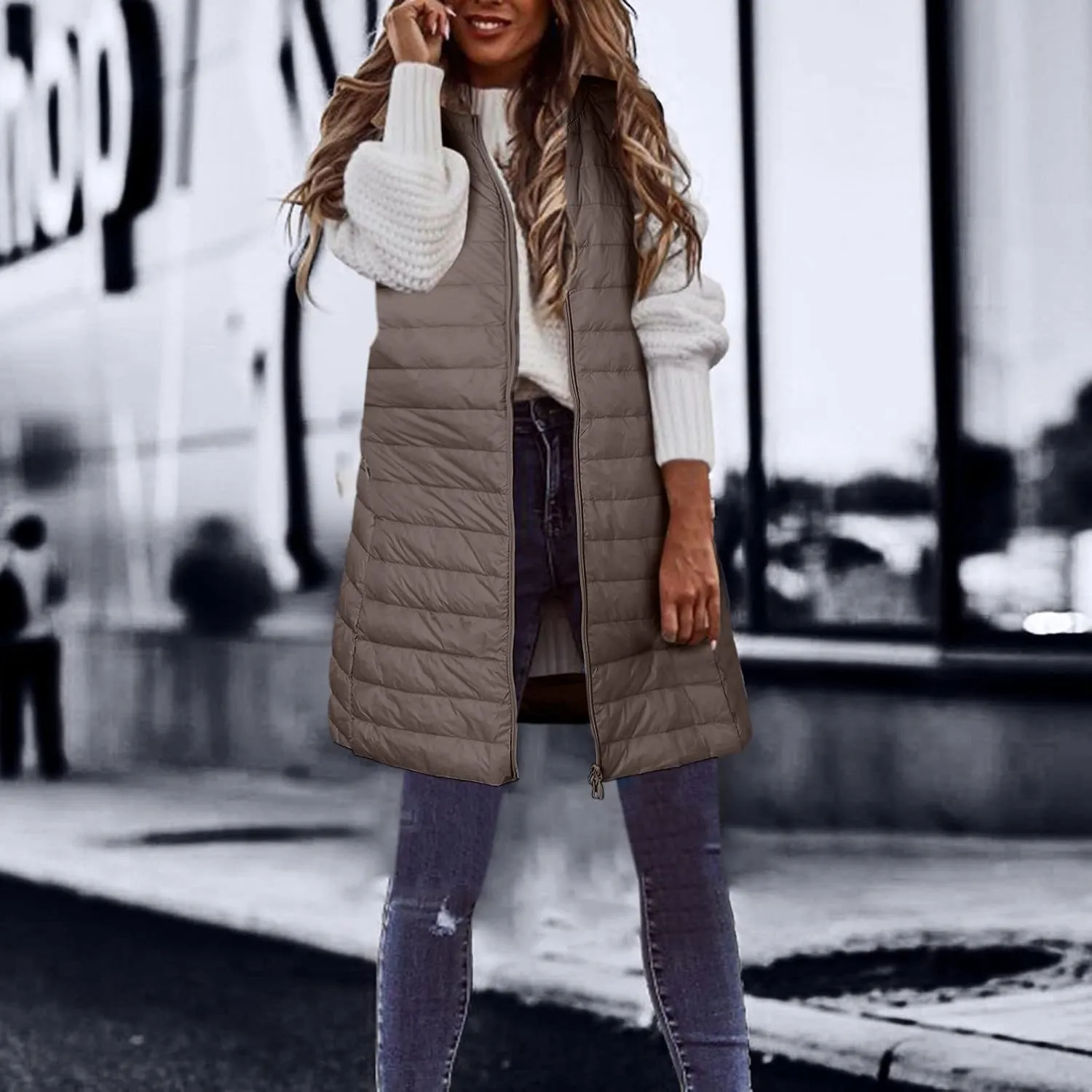 LCMTWX Black Puffer Vest Coat Vest With Hood Sleeveless Warm Down Coat With Pockets Quilted Vest Down Womens Long Puffer