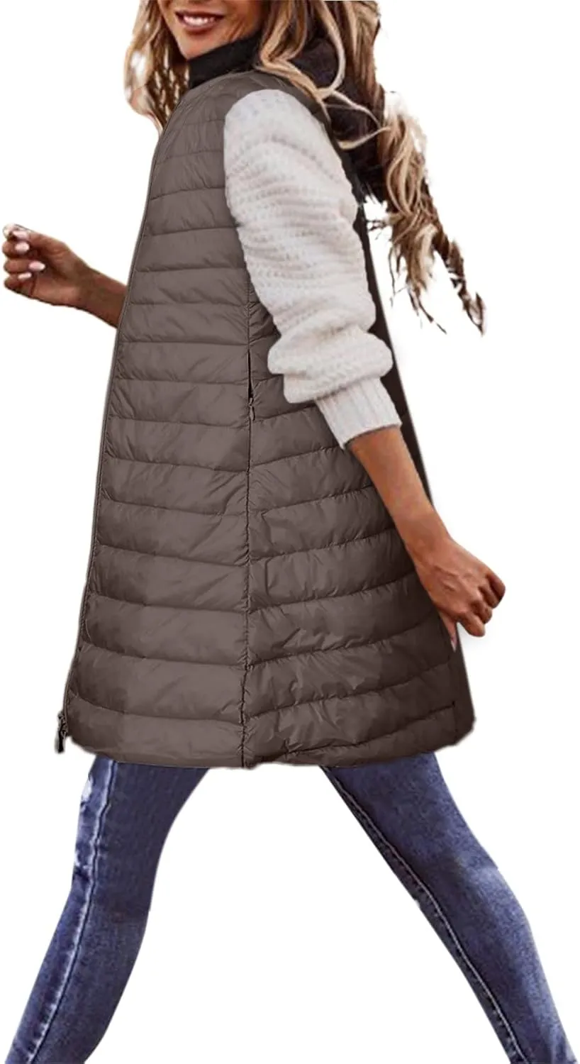 LCMTWX Black Puffer Vest Coat Vest With Hood Sleeveless Warm Down Coat With Pockets Quilted Vest Down Womens Long Puffer