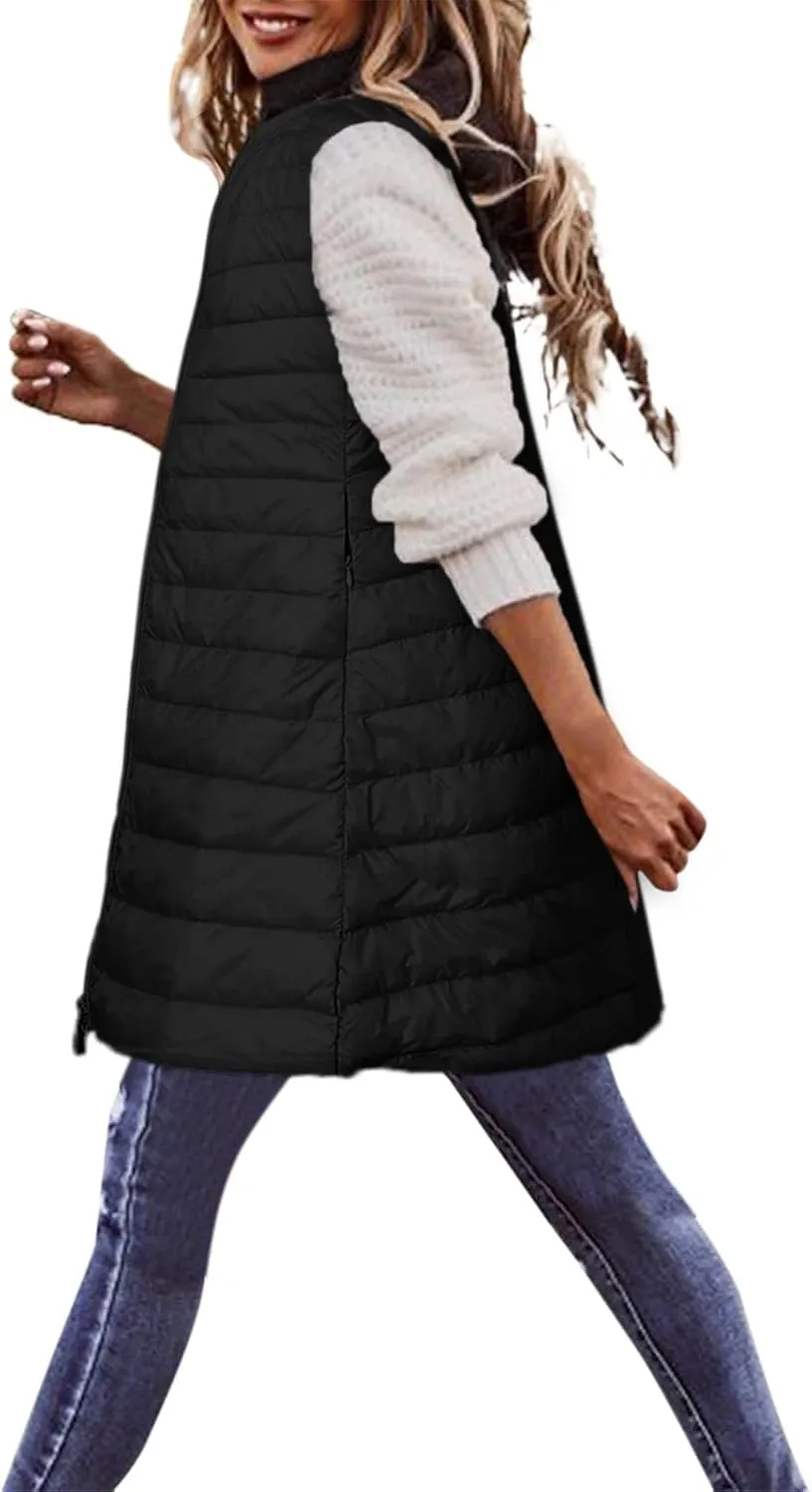 LCMTWX Black Puffer Vest Coat Vest With Hood Sleeveless Warm Down Coat With Pockets Quilted Vest Down Womens Long Puffer