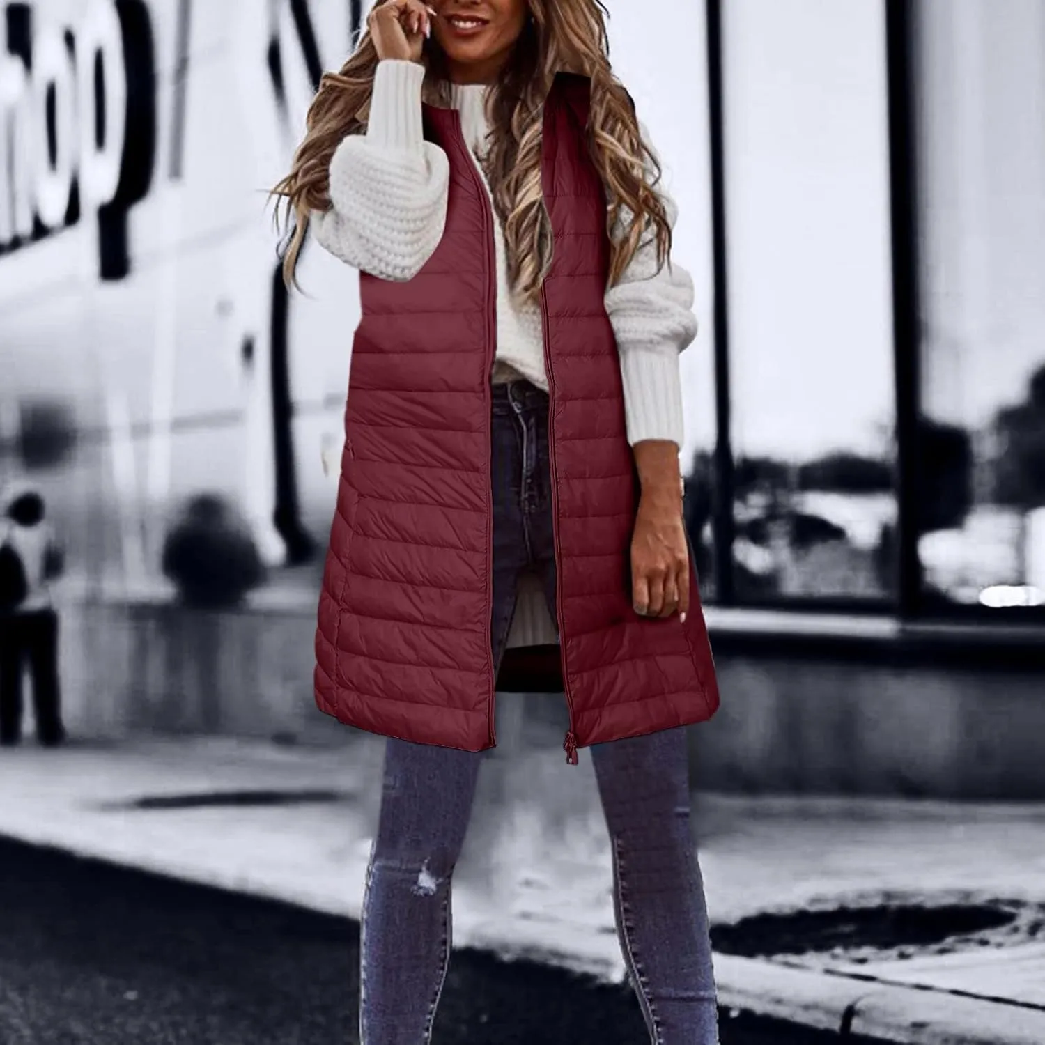 LCMTWX Black Puffer Vest Coat Vest With Hood Sleeveless Warm Down Coat With Pockets Quilted Vest Down Womens Long Puffer