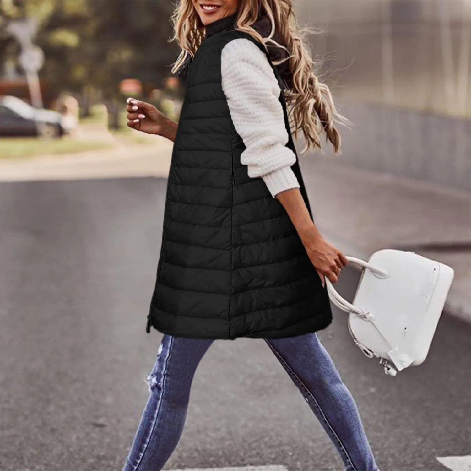 LCMTWX Black Puffer Vest Coat Vest With Hood Sleeveless Warm Down Coat With Pockets Quilted Vest Down Womens Long Puffer