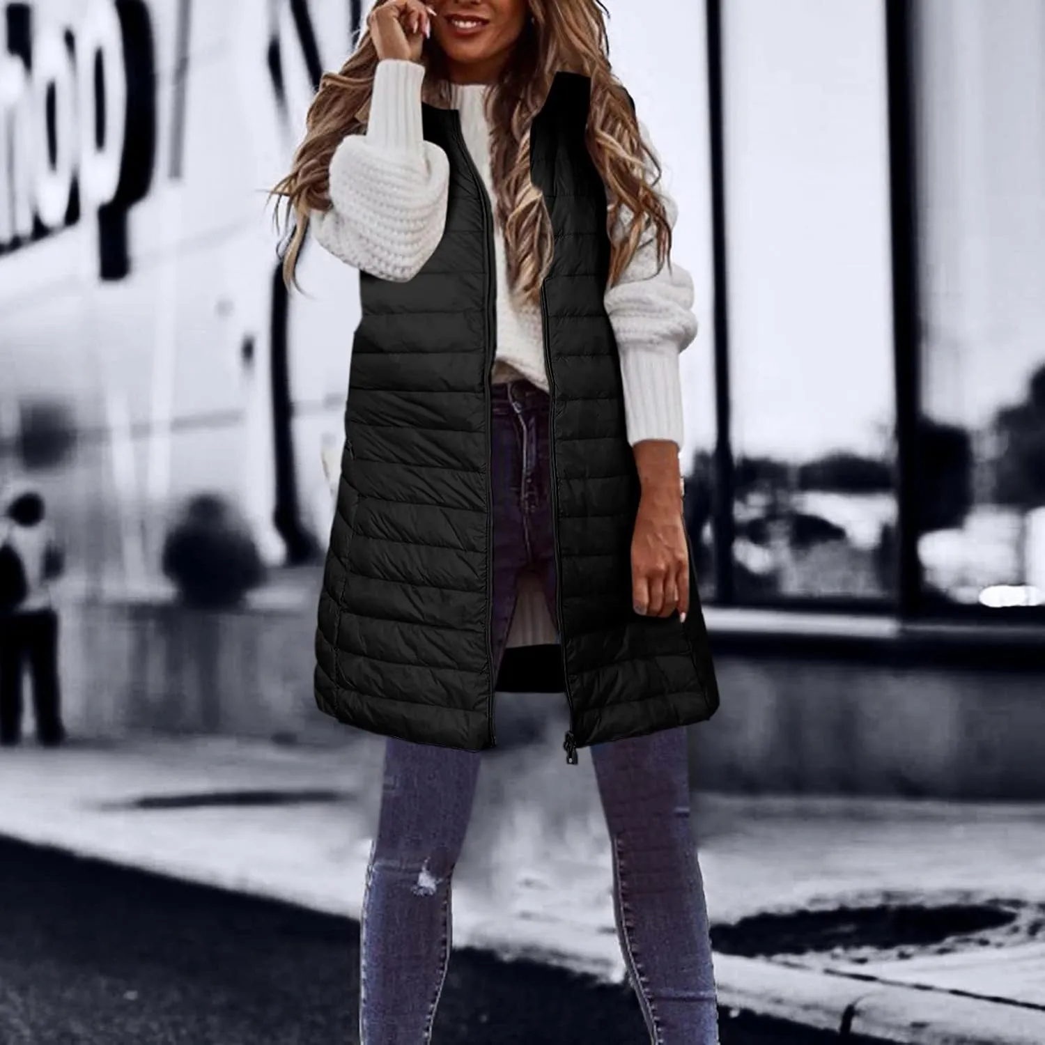 LCMTWX Black Puffer Vest Coat Vest With Hood Sleeveless Warm Down Coat With Pockets Quilted Vest Down Womens Long Puffer