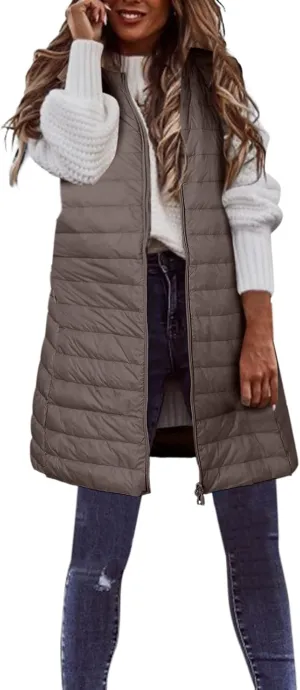 LCMTWX Black Puffer Vest Coat Vest With Hood Sleeveless Warm Down Coat With Pockets Quilted Vest Down Womens Long Puffer