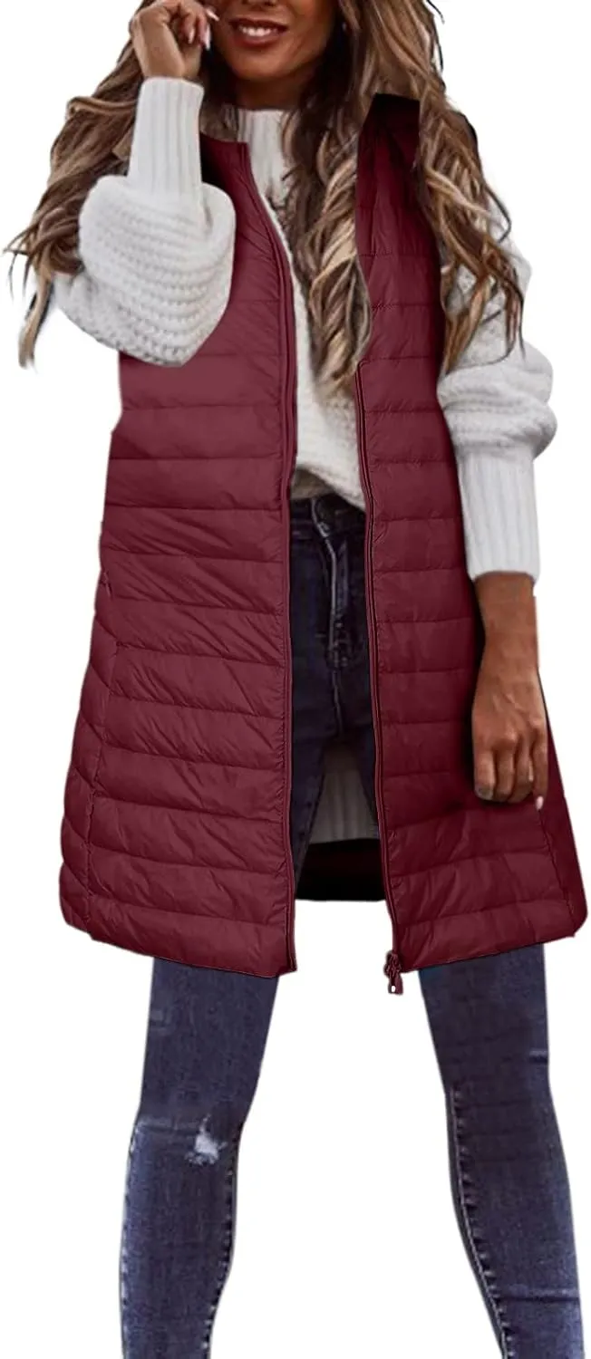 LCMTWX Black Puffer Vest Coat Vest With Hood Sleeveless Warm Down Coat With Pockets Quilted Vest Down Womens Long Puffer