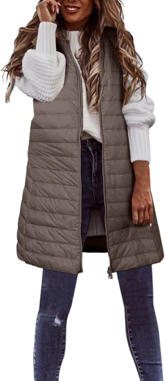 LCMTWX Black Puffer Vest Coat Vest With Hood Sleeveless Warm Down Coat With Pockets Quilted Vest Down Womens Long Puffer