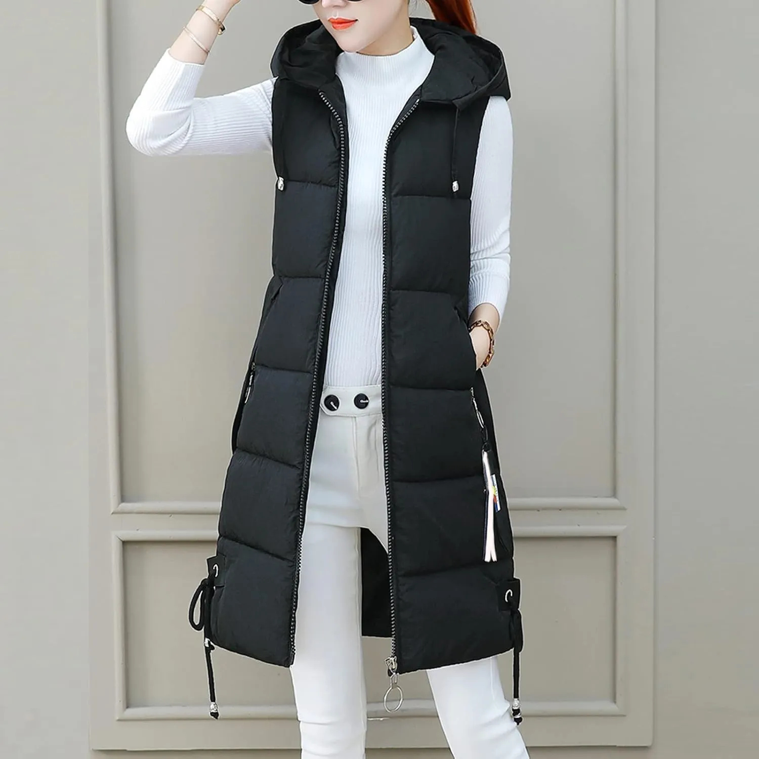 LCMTWX Puffer Jacket Womens European and American Cotton Jackets Color Stand-up Collar Zipper Women's Long Puffer Vest
