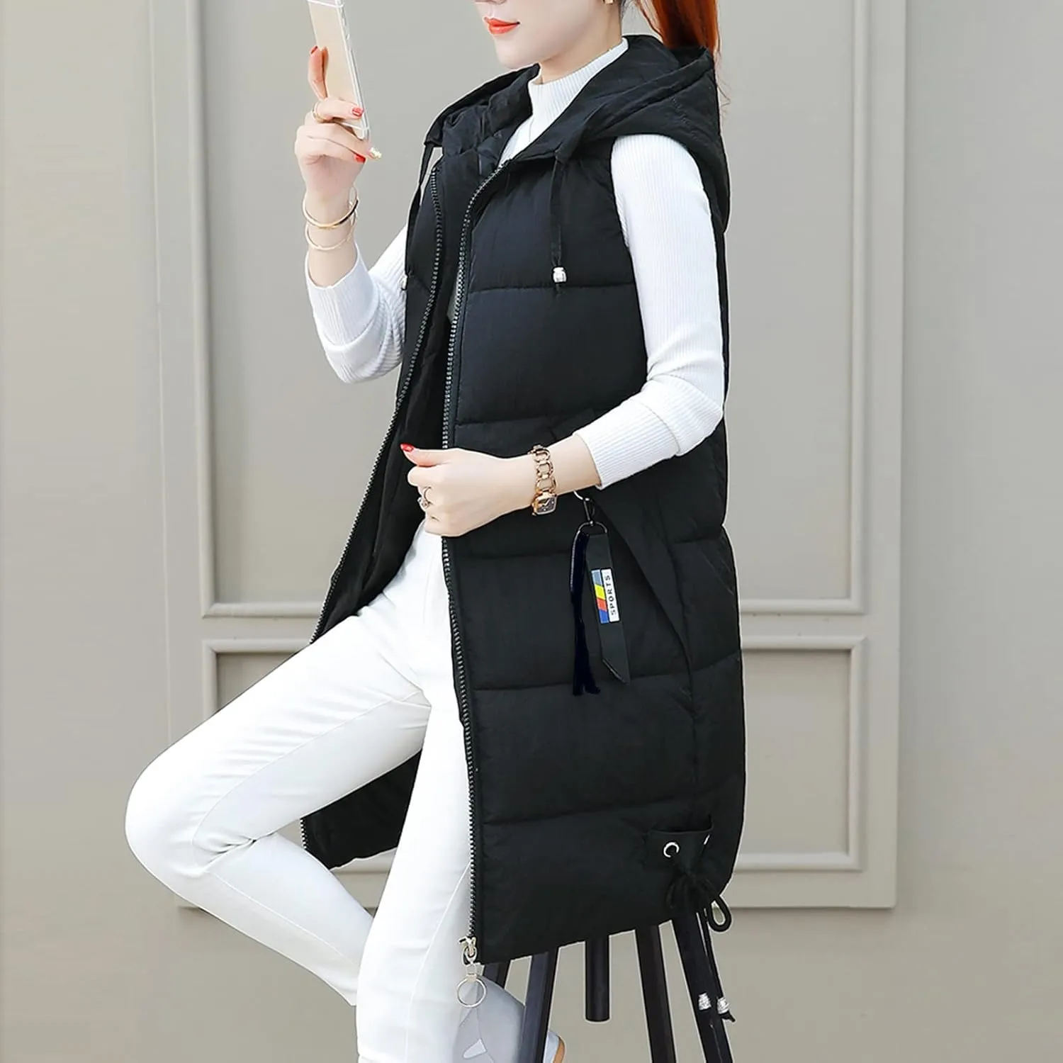 LCMTWX Puffer Jacket Womens European and American Cotton Jackets Color Stand-up Collar Zipper Women's Long Puffer Vest