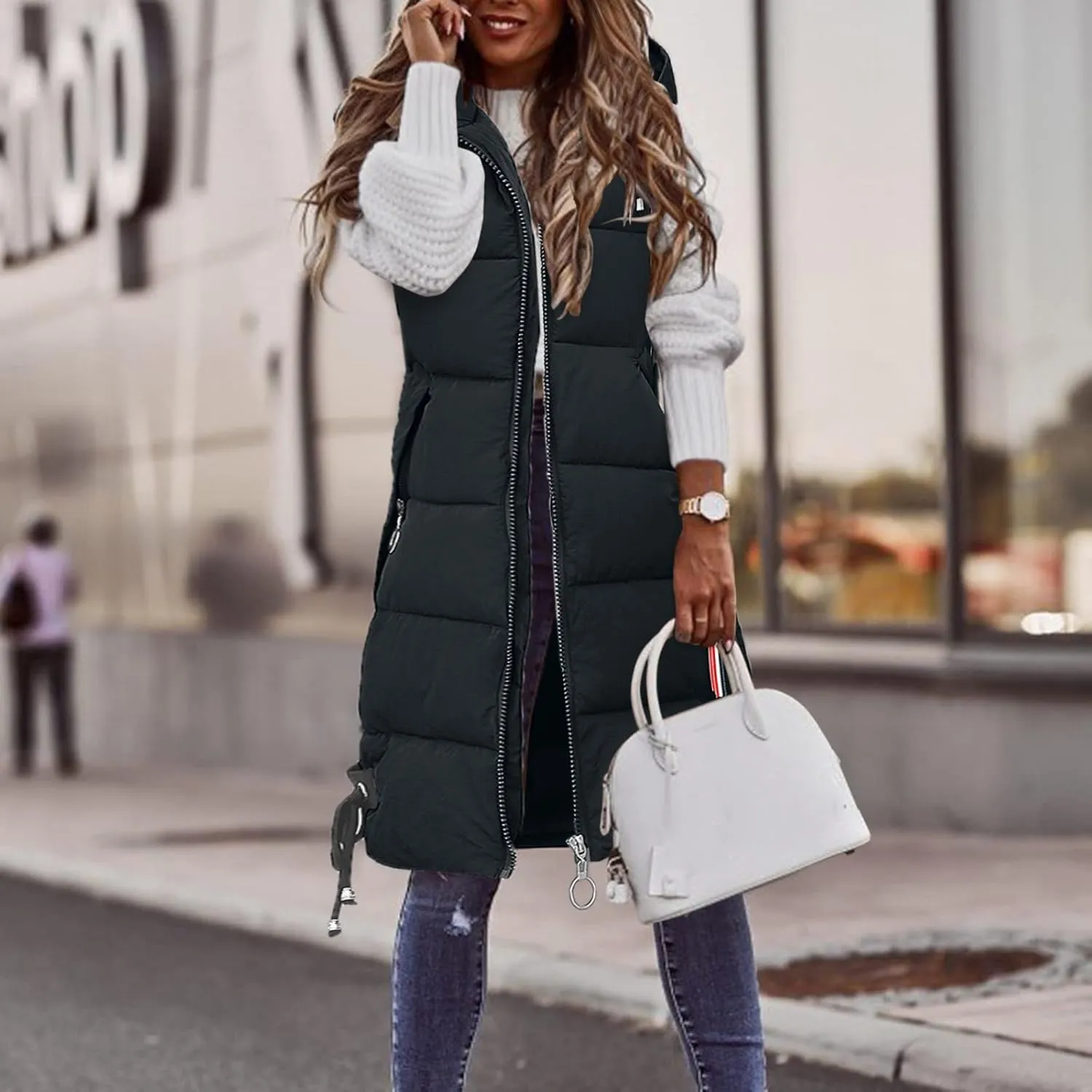 LCMTWX Puffer Jacket Womens European and American Cotton Jackets Color Stand-up Collar Zipper Women's Long Puffer Vest