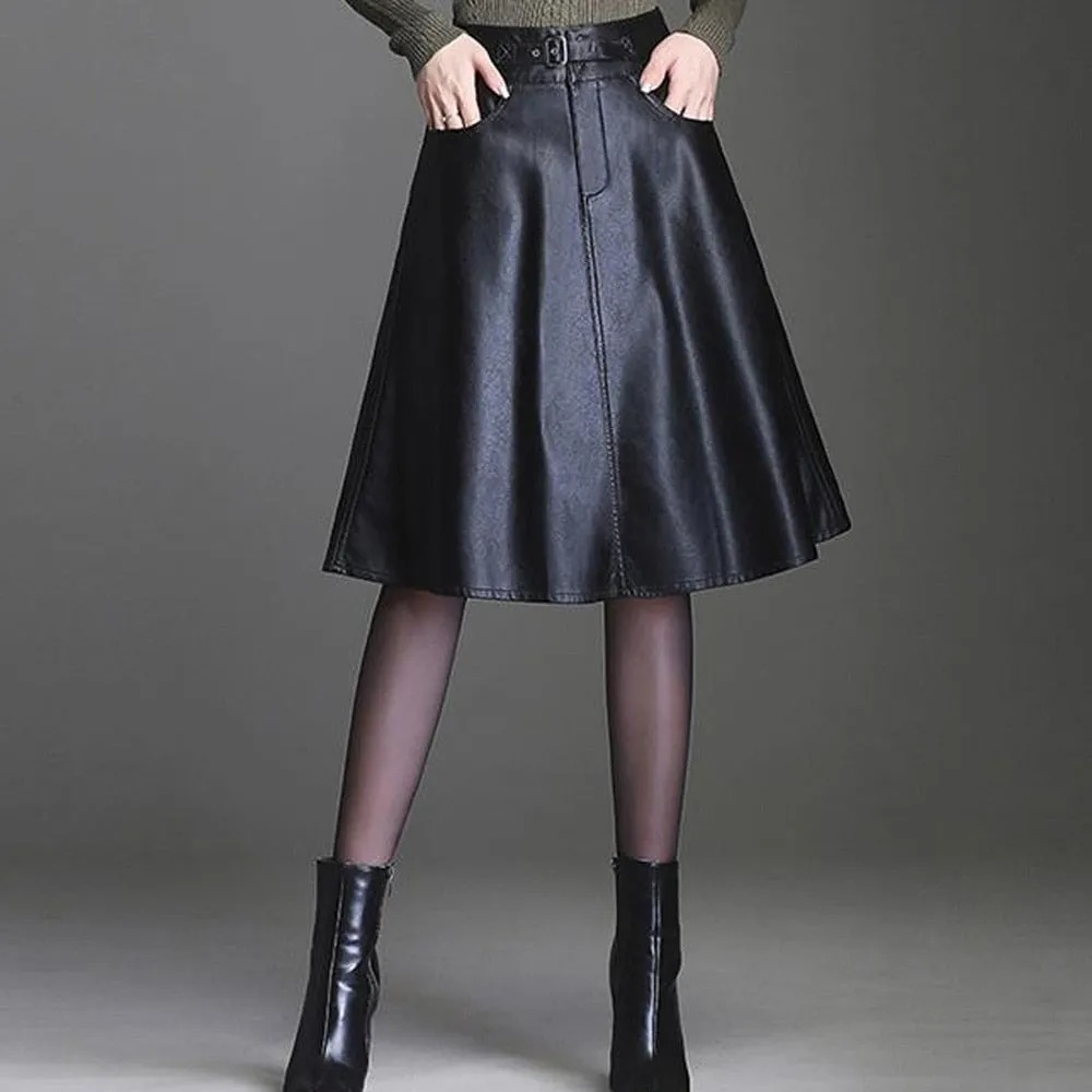 Leather Skirt Black High Waist Long Midi A-Line Skirt Saias Mulher