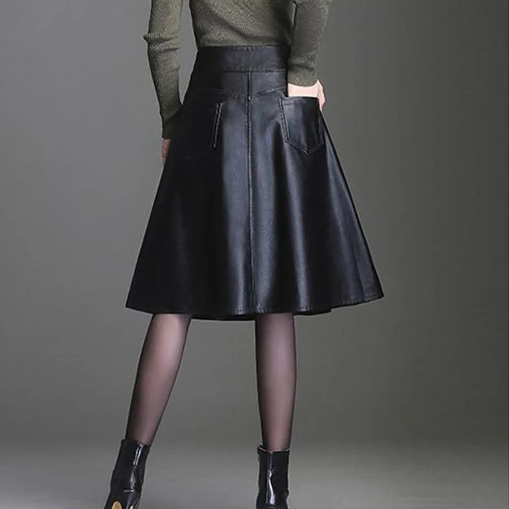 Leather Skirt Black High Waist Long Midi A-Line Skirt Saias Mulher