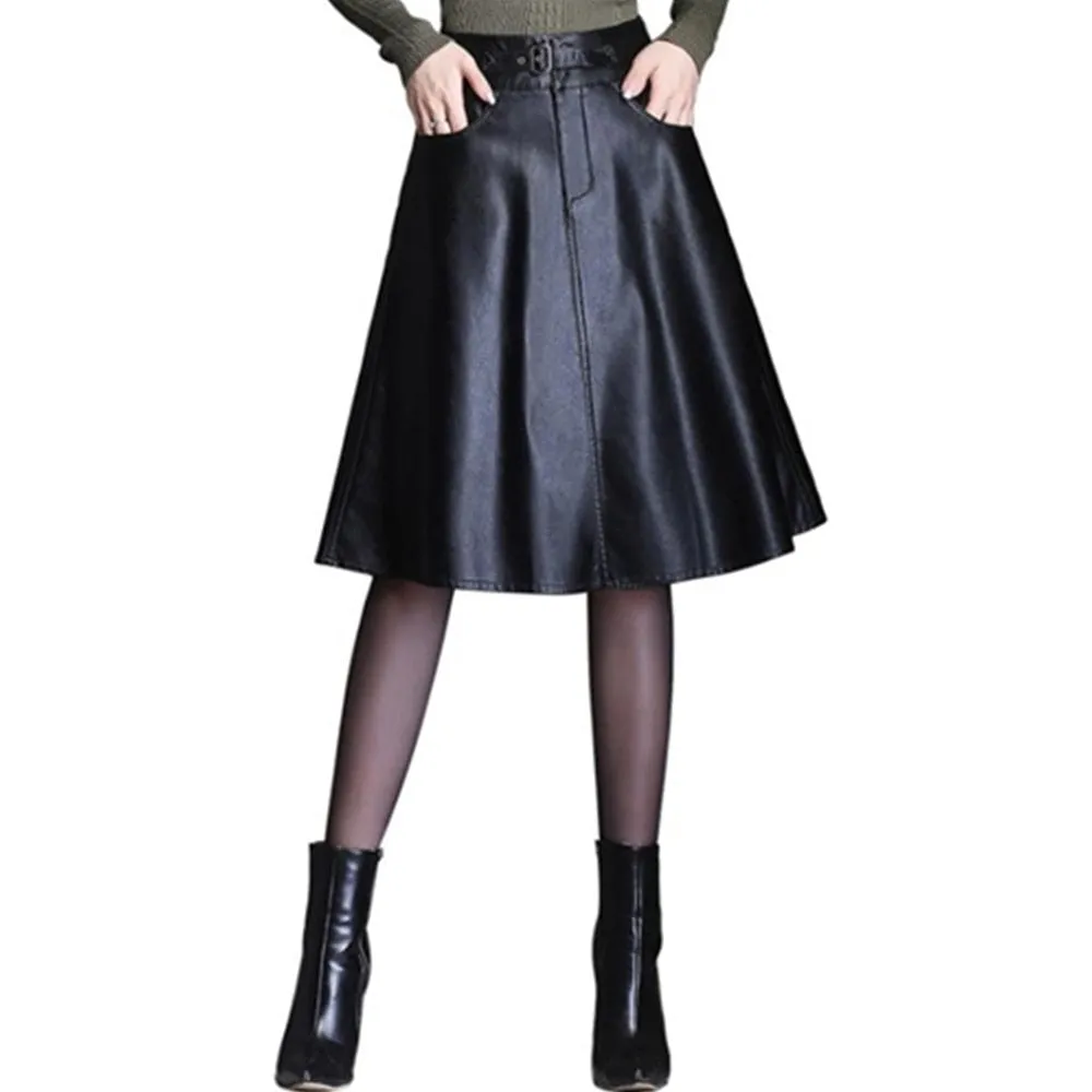 Leather Skirt Black High Waist Long Midi A-Line Skirt Saias Mulher