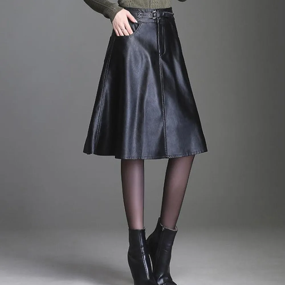 Leather Skirt Black High Waist Long Midi A-Line Skirt Saias Mulher