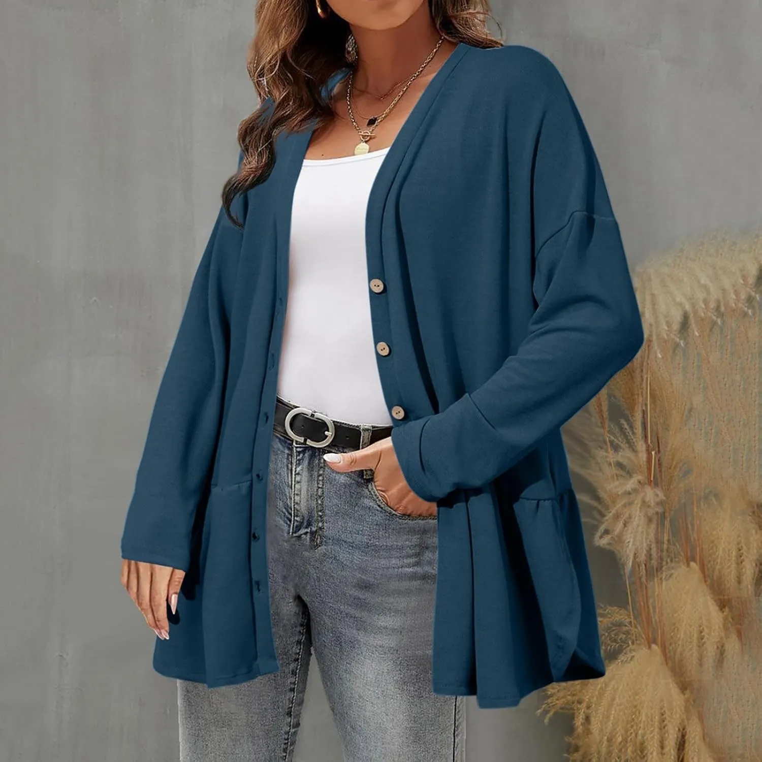 Lightweight Cardigans for Women Trendy Long Sleeve Solid Color Button Down Cardigan Loose Fit Open Front Outwear