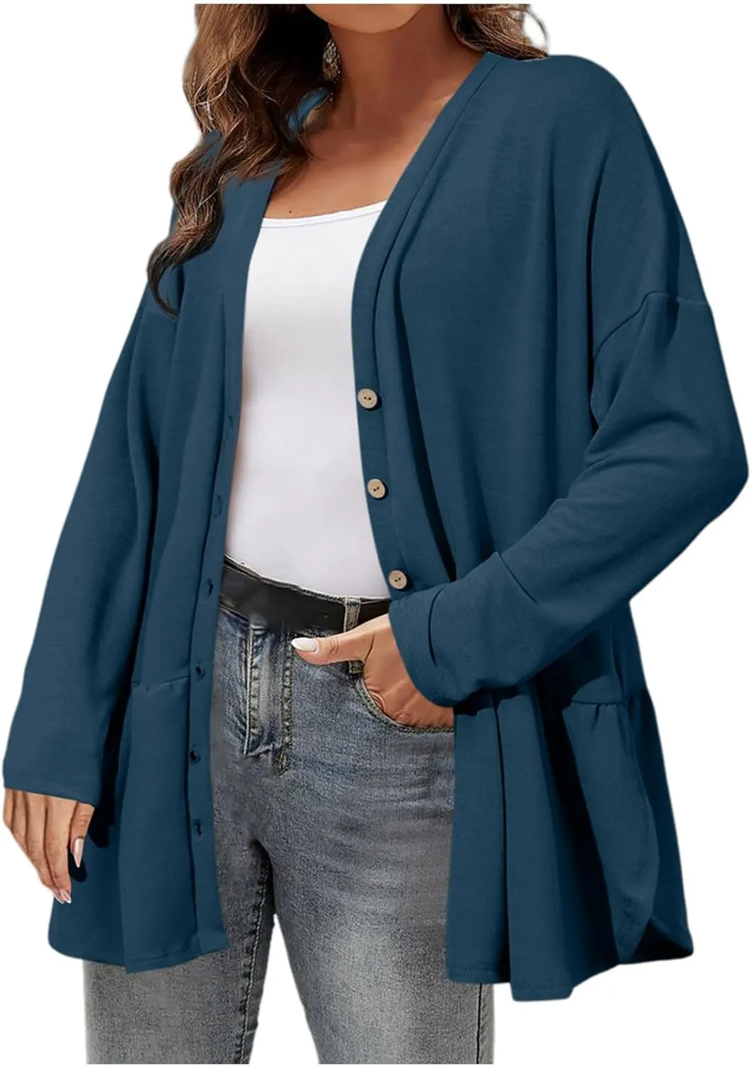 Lightweight Cardigans for Women Trendy Long Sleeve Solid Color Button Down Cardigan Loose Fit Open Front Outwear