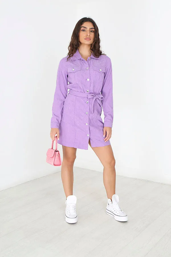 LILAC BUTTON THROUGH BELTED CORDUROY DRESS