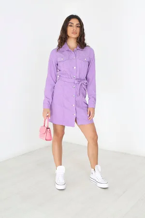 LILAC BUTTON THROUGH BELTED CORDUROY DRESS