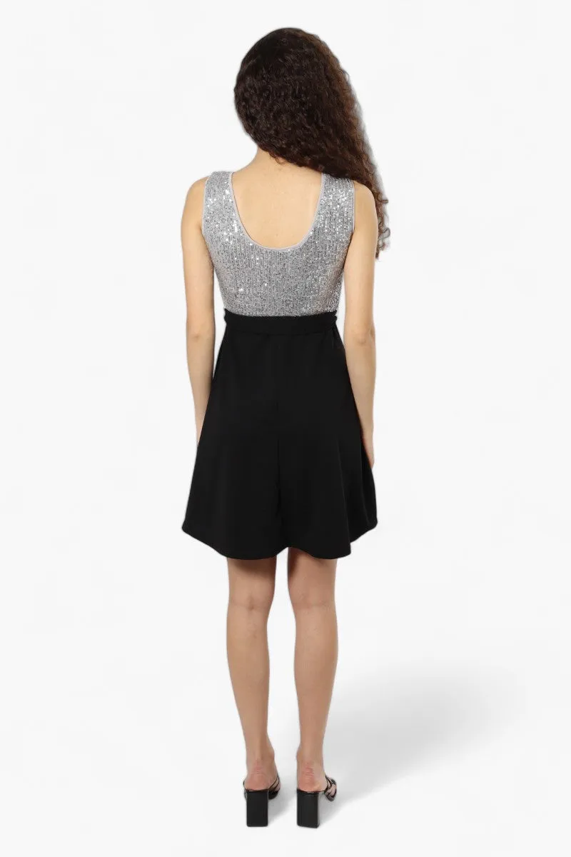 Limite Belted Sequin Top Skater Day Dress - Grey
