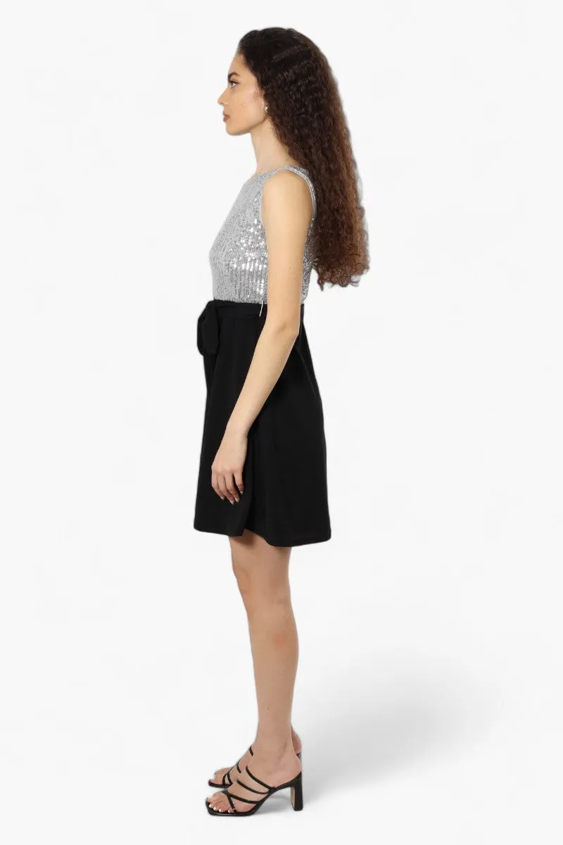 Limite Belted Sequin Top Skater Day Dress - Grey
