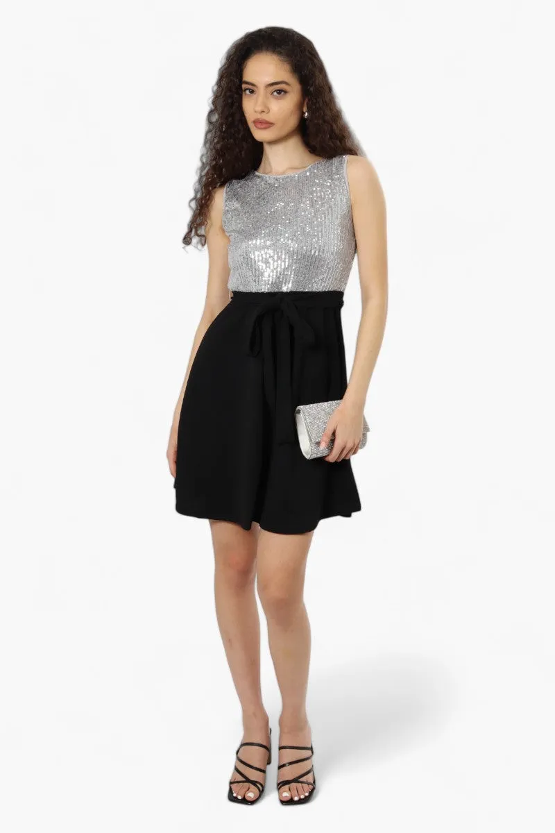 Limite Belted Sequin Top Skater Day Dress - Grey