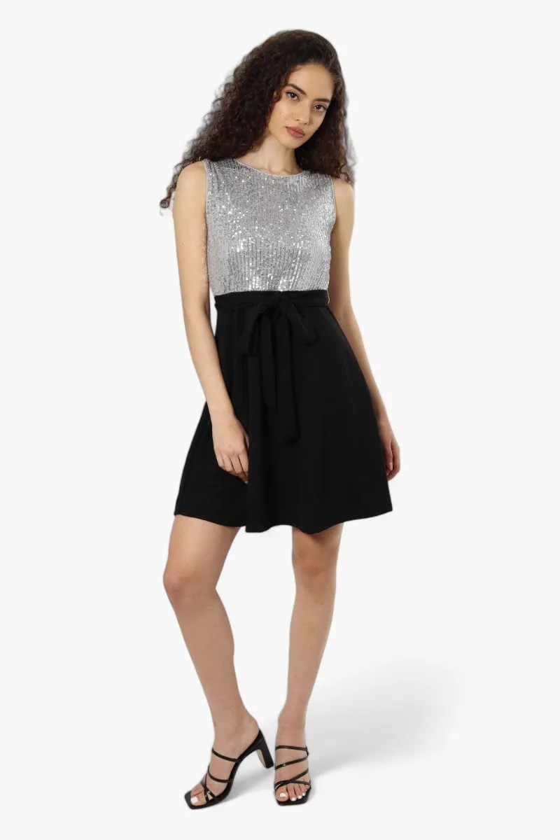 Limite Belted Sequin Top Skater Day Dress - Grey