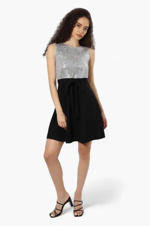 Limite Belted Sequin Top Skater Day Dress - Grey