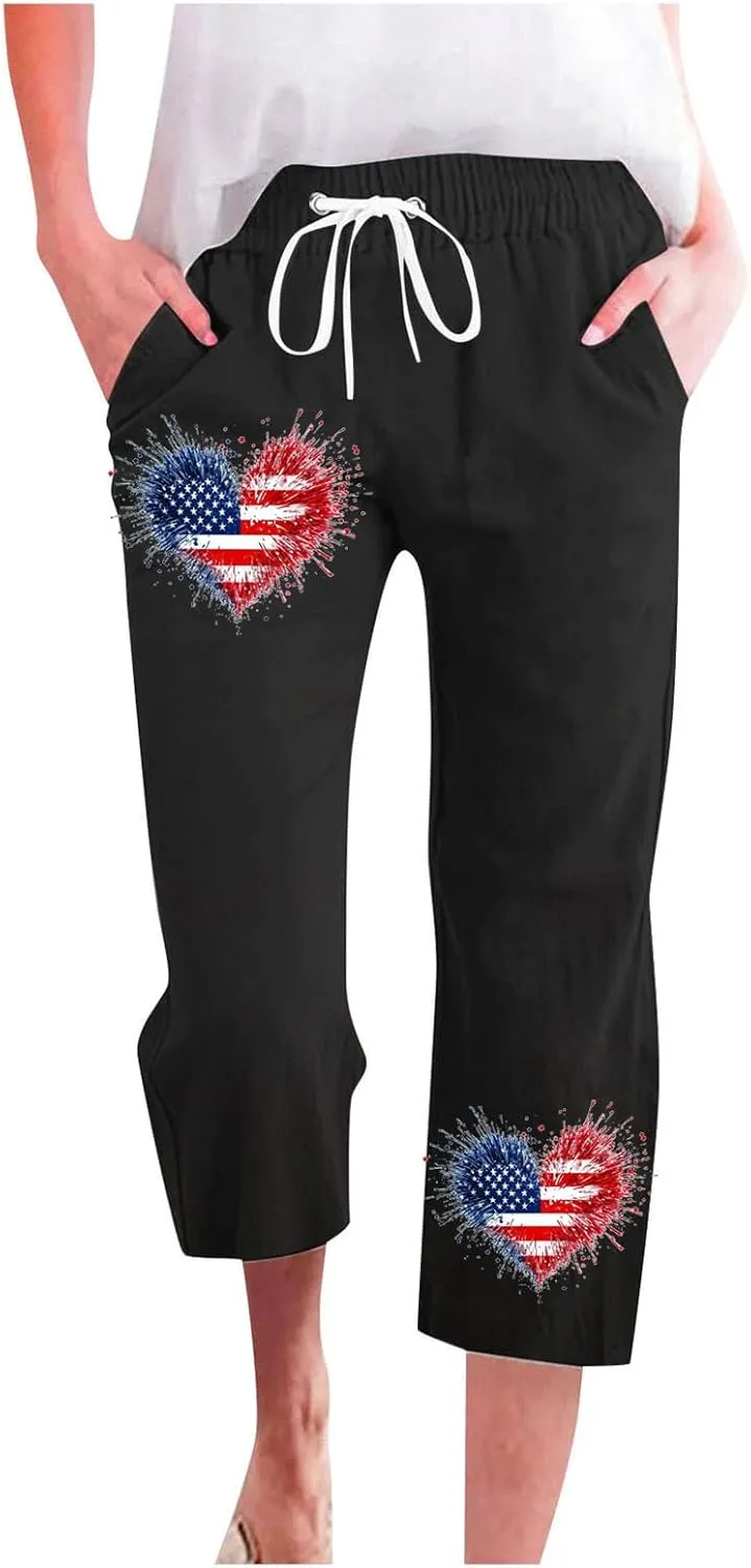 Linen Beach Pants Casual Drawstring Flag Print Crop Trousers Patriotic Capris Pant with Pockets Womens Running