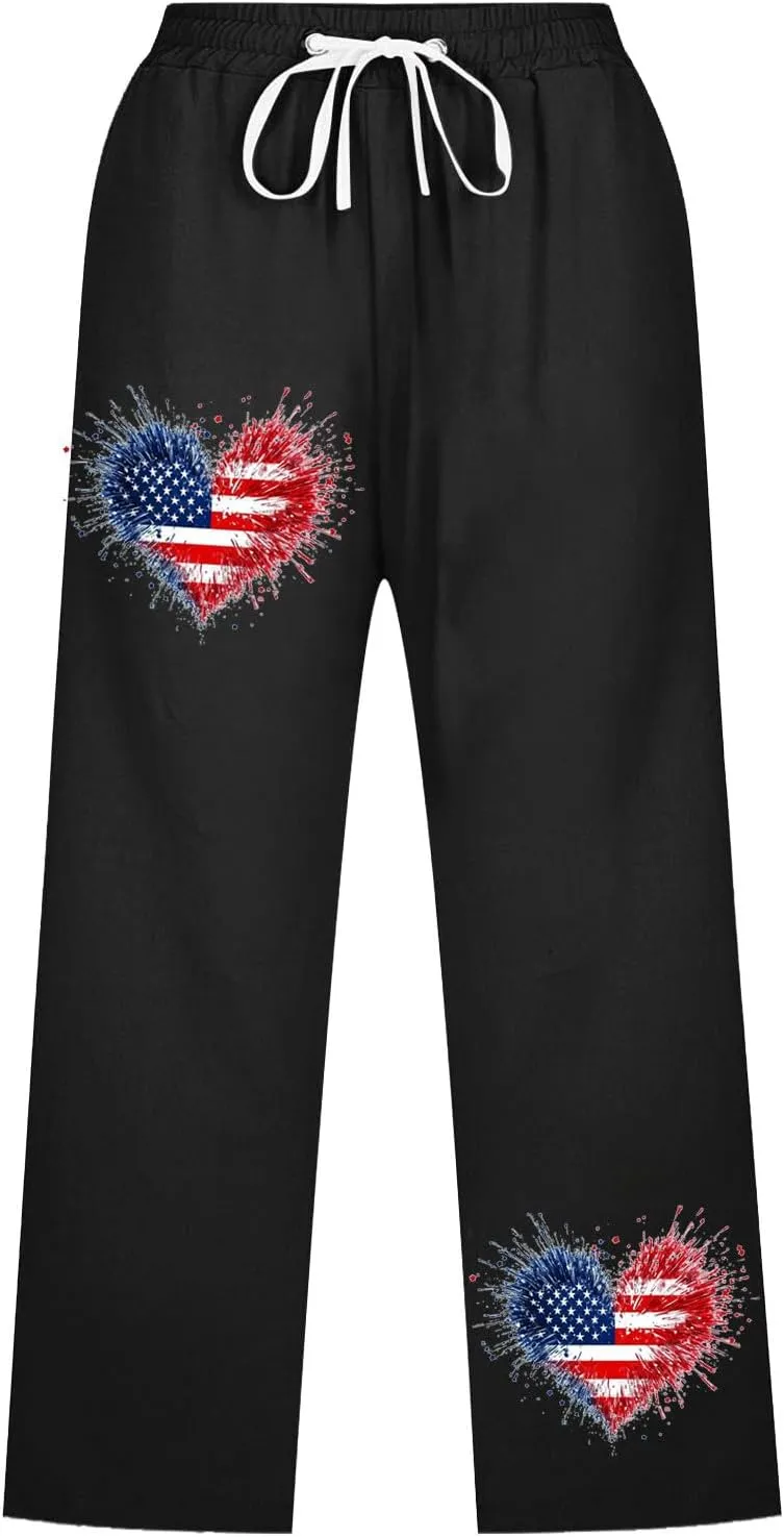 Linen Beach Pants Casual Drawstring Flag Print Crop Trousers Patriotic Capris Pant with Pockets Womens Running