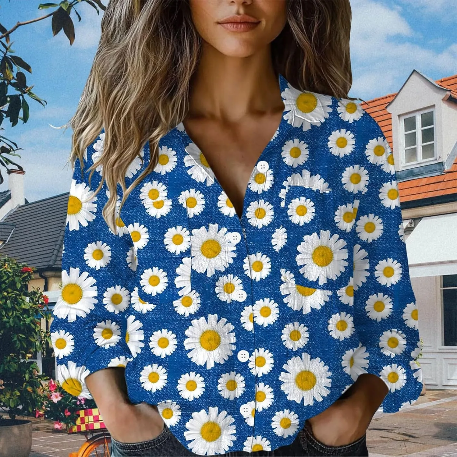 Linen Boho Floral Shirts for Women Long Sleeve Button Down V Neck Ethnic Tops Casual Blouse Summer Vintage Shirts