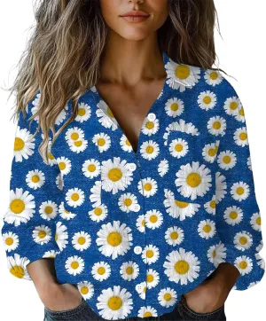 Linen Boho Floral Shirts for Women Long Sleeve Button Down V Neck Ethnic Tops Casual Blouse Summer Vintage Shirts