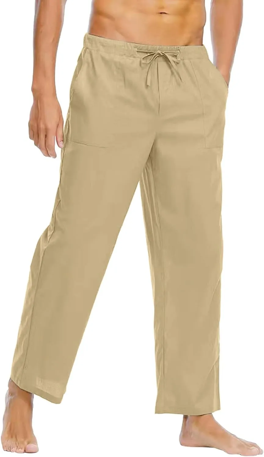Linen Pants for Men Beach Casual Elastic Waist Summer Beach Pants Lightweight Breathable Yoga Vacation Trousers