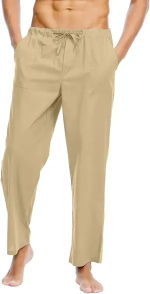 Linen Pants for Men Beach Casual Elastic Waist Summer Beach Pants Lightweight Breathable Yoga Vacation Trousers