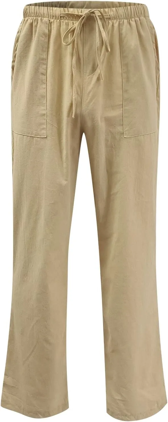 Linen Pants for Men Beach Casual Elastic Waist Summer Beach Pants Lightweight Breathable Yoga Vacation Trousers