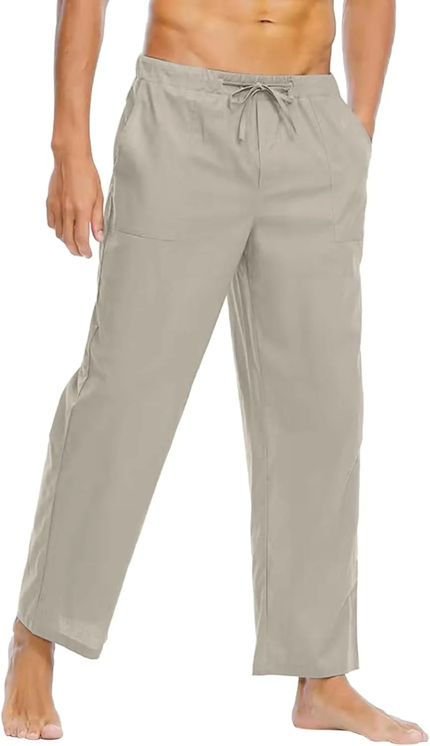 Linen Pants for Men Beach Casual Elastic Waist Summer Beach Pants Lightweight Breathable Yoga Vacation Trousers
