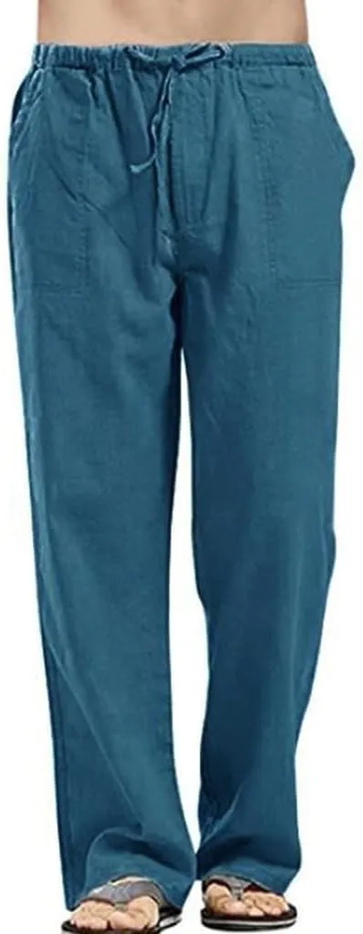 Linen Pants for Men Beach Elastic Drawstring Waist Lounge Beach Pants Summer Casual Straight Leg Dress Trousers