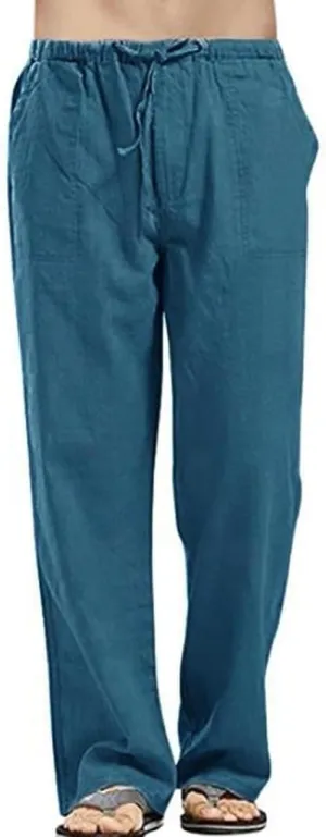 Linen Pants for Men Beach Elastic Drawstring Waist Lounge Beach Pants Summer Casual Straight Leg Dress Trousers
