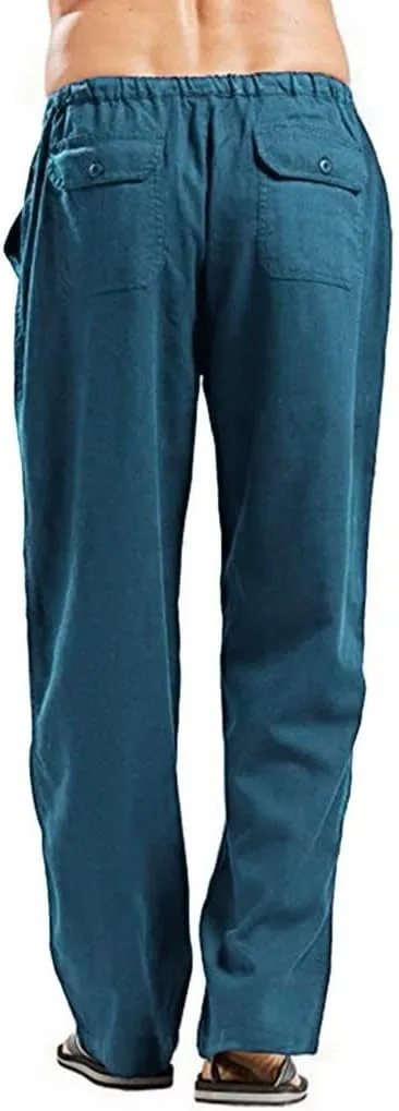 Linen Pants for Men Beach Elastic Drawstring Waist Lounge Beach Pants Summer Casual Straight Leg Dress Trousers