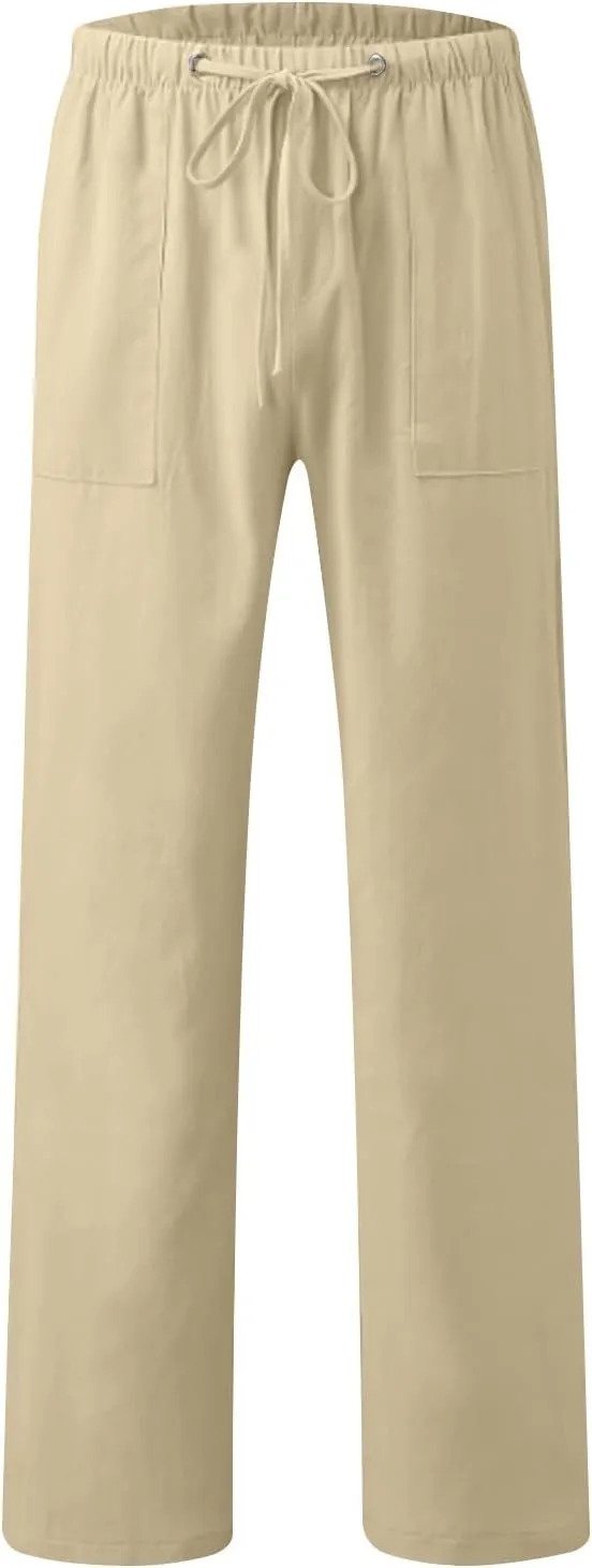 Linen Pants Men Slim Straight Solid Lightweight Drawstring Casual Pants with Pockets Elastic Waisted Lounge Pants
