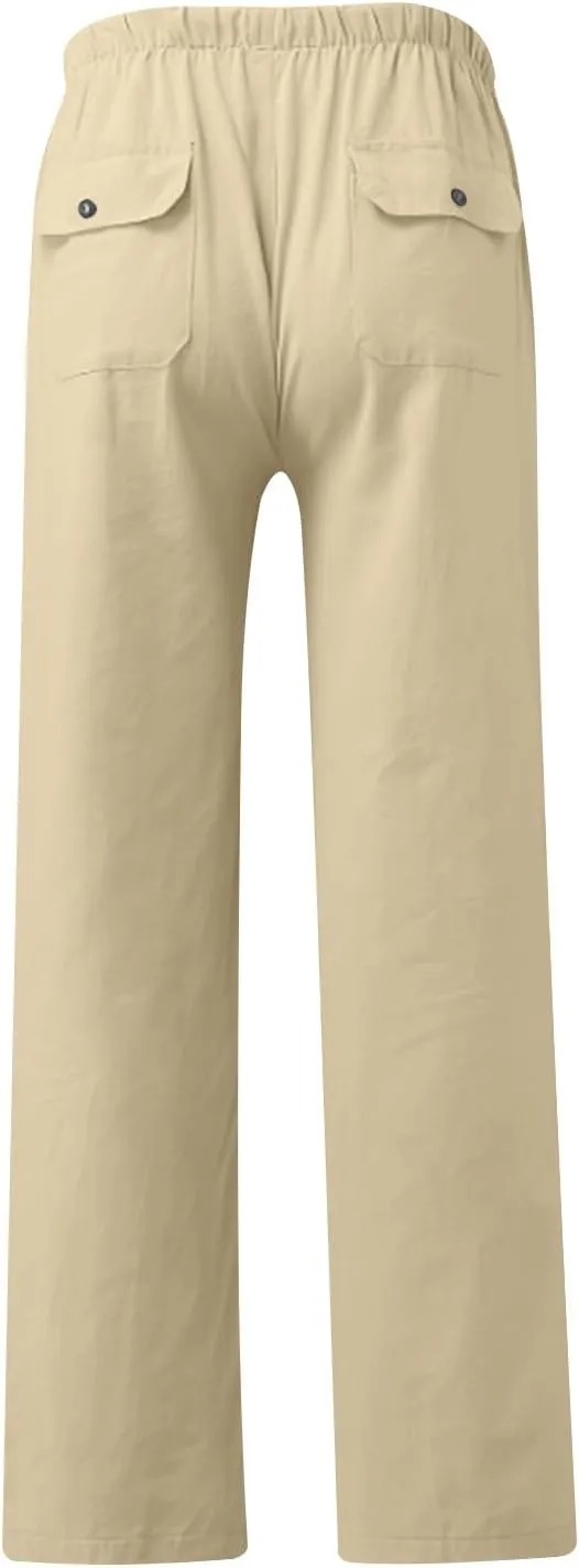Linen Pants Men Slim Straight Solid Lightweight Drawstring Casual Pants with Pockets Elastic Waisted Lounge Pants
