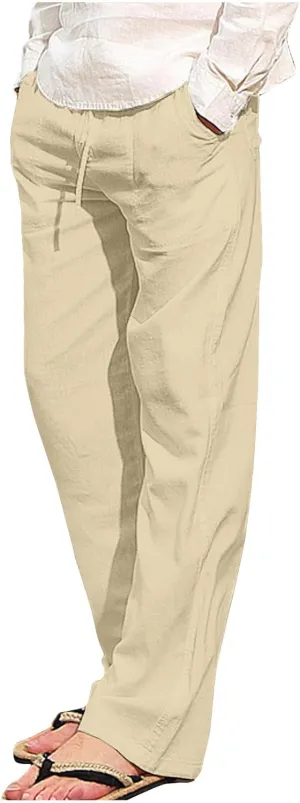 Linen Pants Men Slim Straight Solid Lightweight Drawstring Casual Pants with Pockets Elastic Waisted Lounge Pants