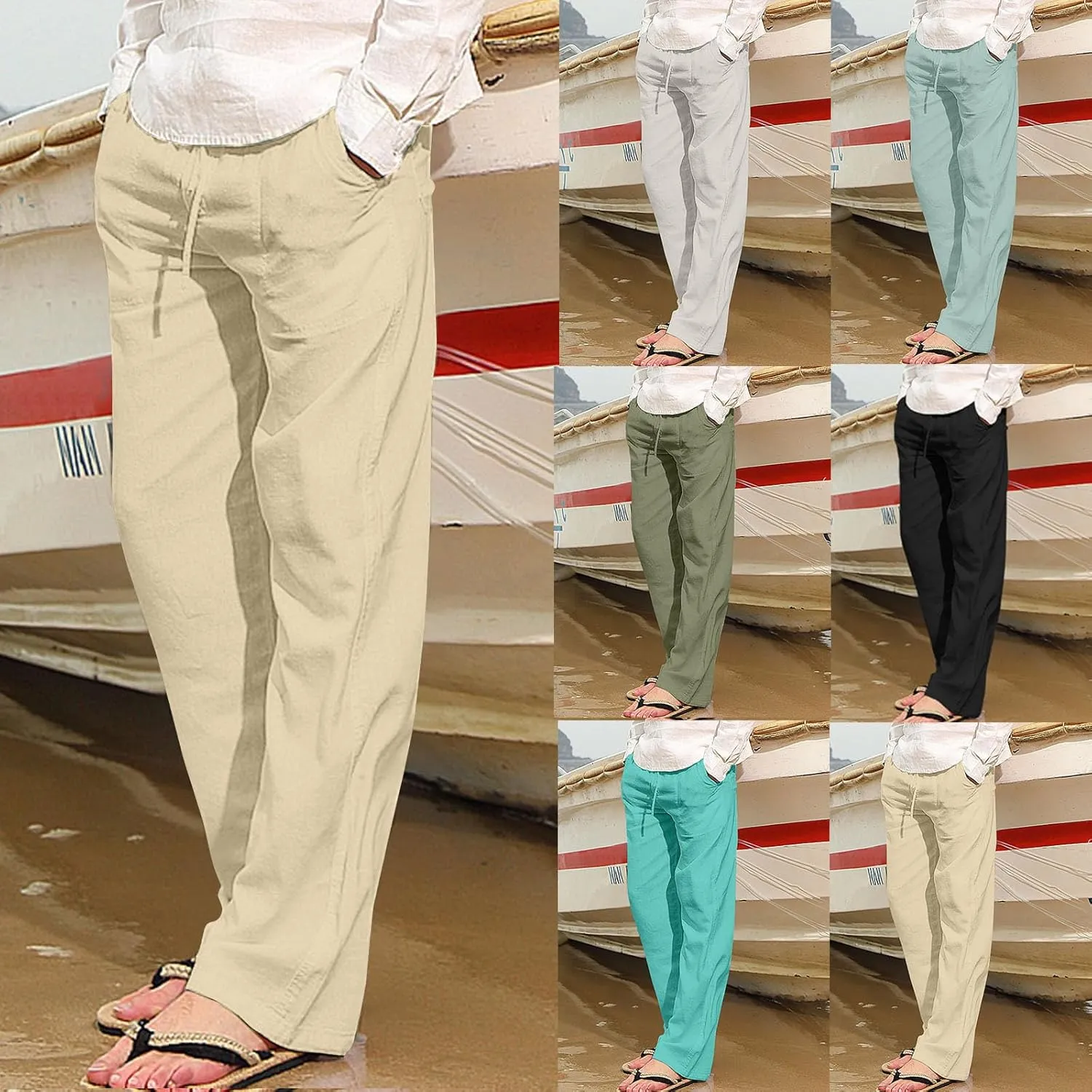 Linen Pants Men Slim Straight Solid Lightweight Drawstring Casual Pants with Pockets Elastic Waisted Lounge Pants