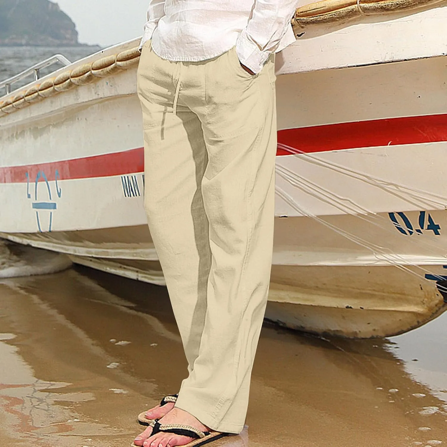 Linen Pants Men Slim Straight Solid Lightweight Drawstring Casual Pants with Pockets Elastic Waisted Lounge Pants