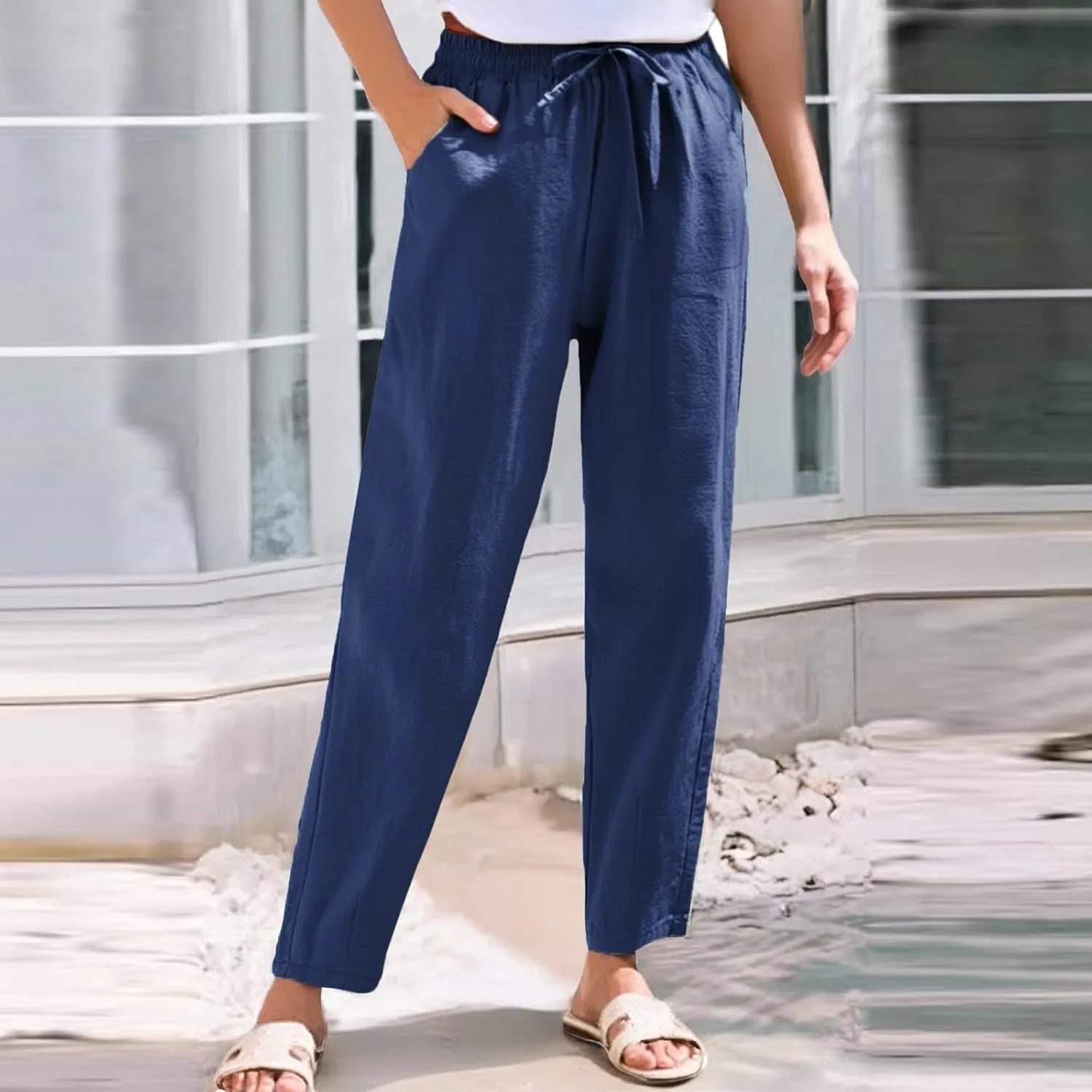 Linen Pants Women Casual Wide Leg Elastic Drawstring Pants Women Comfy Lounge Summer Beach Trousers with Pockets