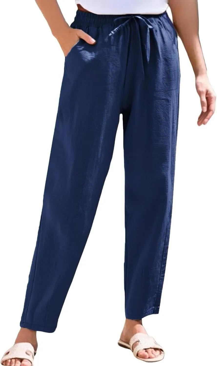 Linen Pants Women Casual Wide Leg Elastic Drawstring Pants Women Comfy Lounge Summer Beach Trousers with Pockets