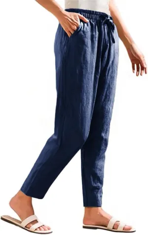 Linen Pants Women Casual Wide Leg Elastic Drawstring Pants Women Comfy Lounge Summer Beach Trousers with Pockets