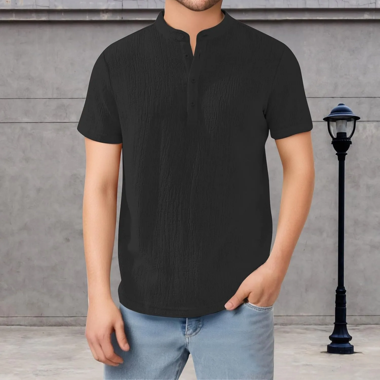Linen Shirts Men Quick Dry Breathable Wrinkled Short Sleeve Henley Shirt Stylish Solid Color Loose Collared T-Shirts