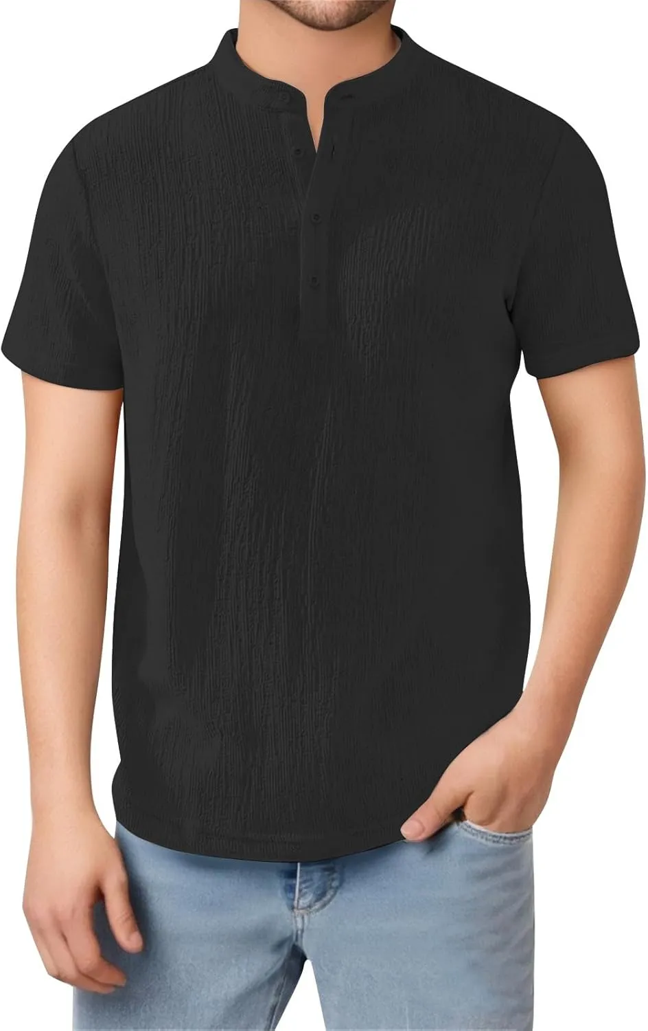 Linen Shirts Men Quick Dry Breathable Wrinkled Short Sleeve Henley Shirt Stylish Solid Color Loose Collared T-Shirts