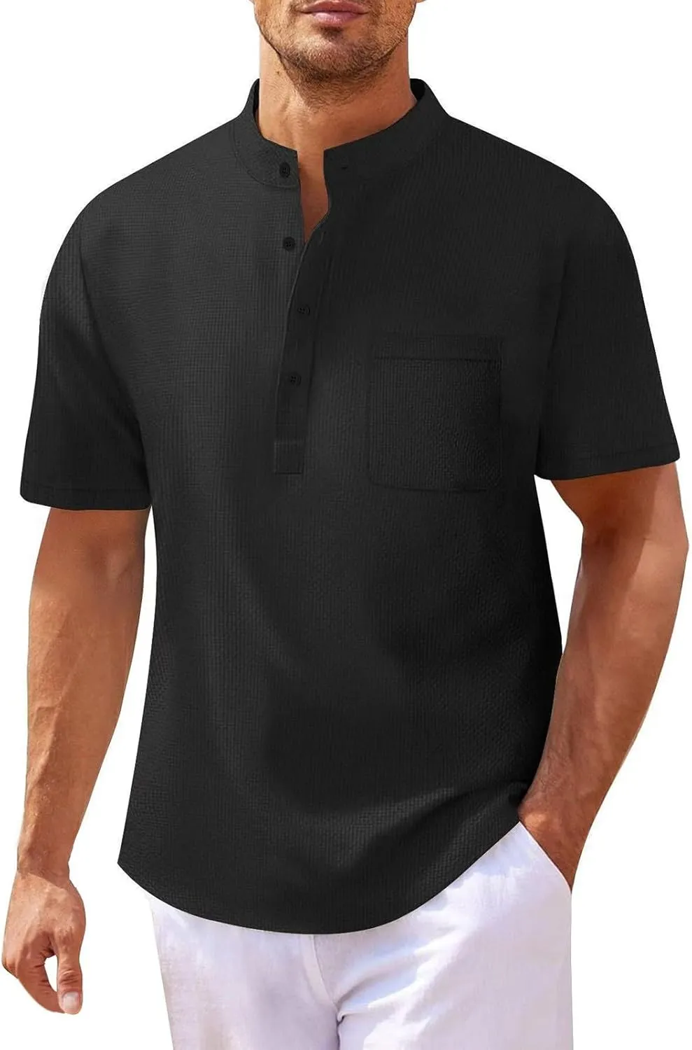 Linen Shirts Men's Novelty Short Sleeve Mock Neck Henley Shirt Casual Summer Baggy Cotton Basic Tee Top with Pocket