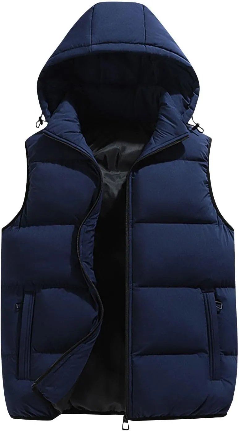 Lmdudan Men's Quilted Puffer Vest Thicken Warm Winter Coat with Hood 2024 Fashion Sleeveless Casual Zip Up Jacket Outerwear